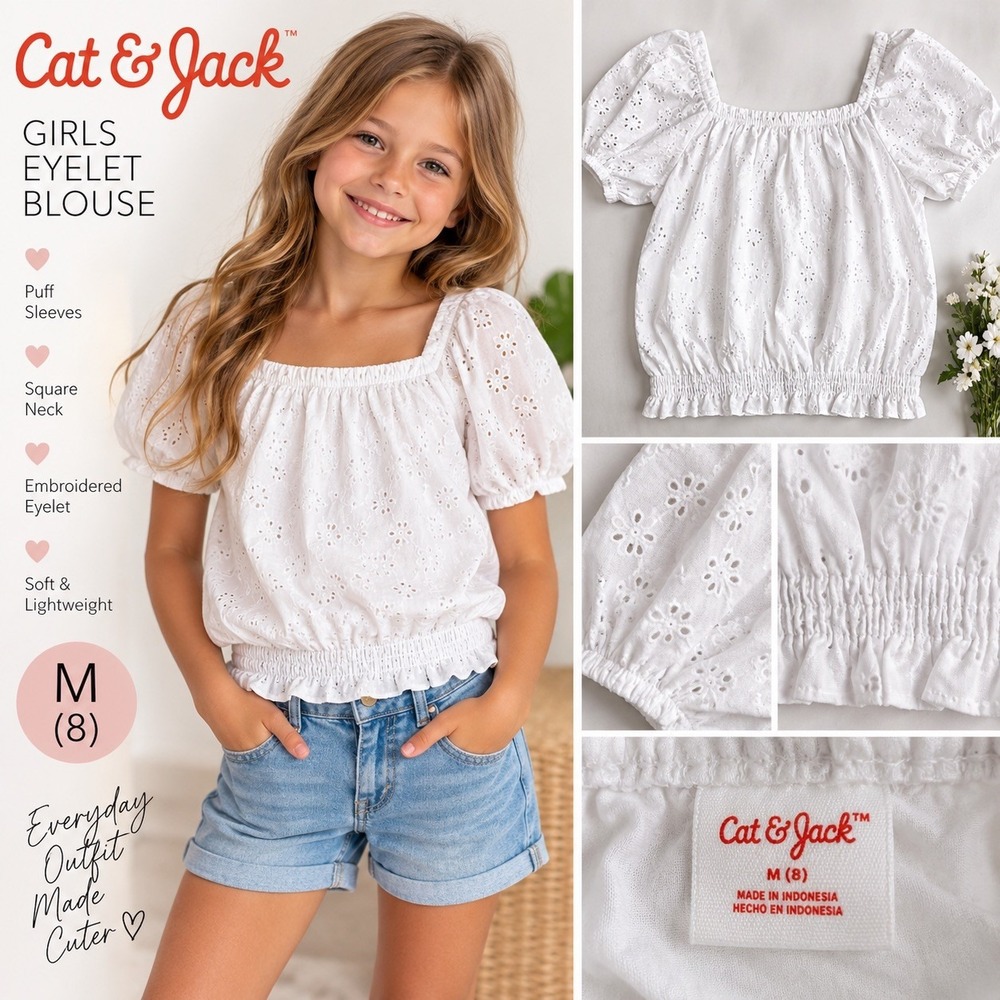 Cat & Jack Girls White Eyelet Embroidered Puff Sleeve Square Neck Blouse M (8)